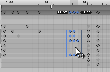 Перетаскивание набора ключей. Обратите внимание на время начала и окончания выделения, отображаемое под верхней полосой временной шкалы.
