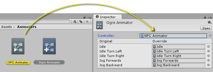 Перетаскивание существующего контроллера в инспектор Animator Override Controllers