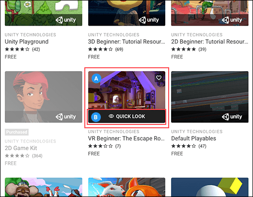 Наведите указатель мыши на эскизы пакетов Asset Store (A), чтобы увидеть ссылку Quick Look (B)