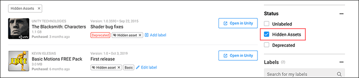 Удалите маркер скрытого актива, чтобы снова отобразить пакет Asset Store в списке.