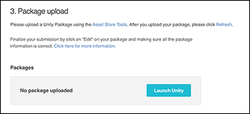 Прежде чем вы загрузите активы в черновик пакета, появится кнопка «Запустить Unity».