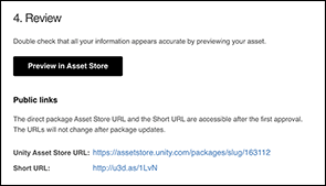 В разделе «Обзор» отображается кнопка для предварительного просмотра черновика пакета в Asset Store.
