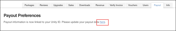 Нажмите на ссылку на вкладке «Выплаты», чтобы перейти к вашему Unity ID.