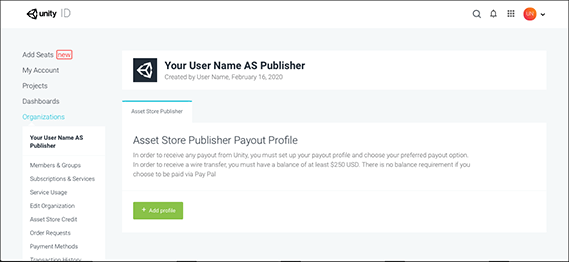 Ваша страница Unity ID AS Publisher отображается с кнопкой «Добавить профиль», если вы еще не настроили свой профиль выплат.