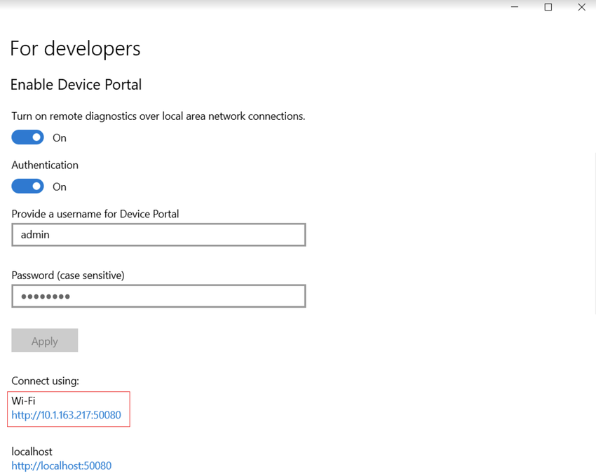 Адреса wi-fi и localhost портала устройств в настройках разработчика Windows