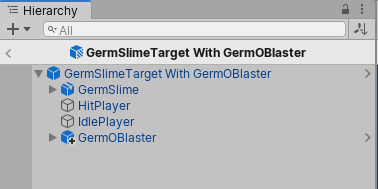 Сборный вариант GermSlimeTarget с GermOBlaster в сборном режиме. Префаб «GermOBlaster» добавляется в качестве переопределения к базовому префабу.