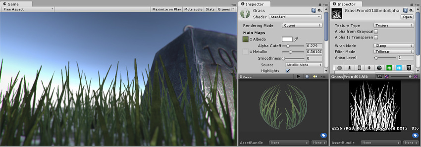 Трава на этом изображении визуализируется в режиме Cutout. Это дает четкие острые края объектам, которые определяются путем указания порога отсечки. Все части изображения со значением альфа выше этого порога непрозрачны на 100%, а все части ниже порога невидимы. Справа на изображении видны настройки материала и альфа-канал используемой текстуры..
