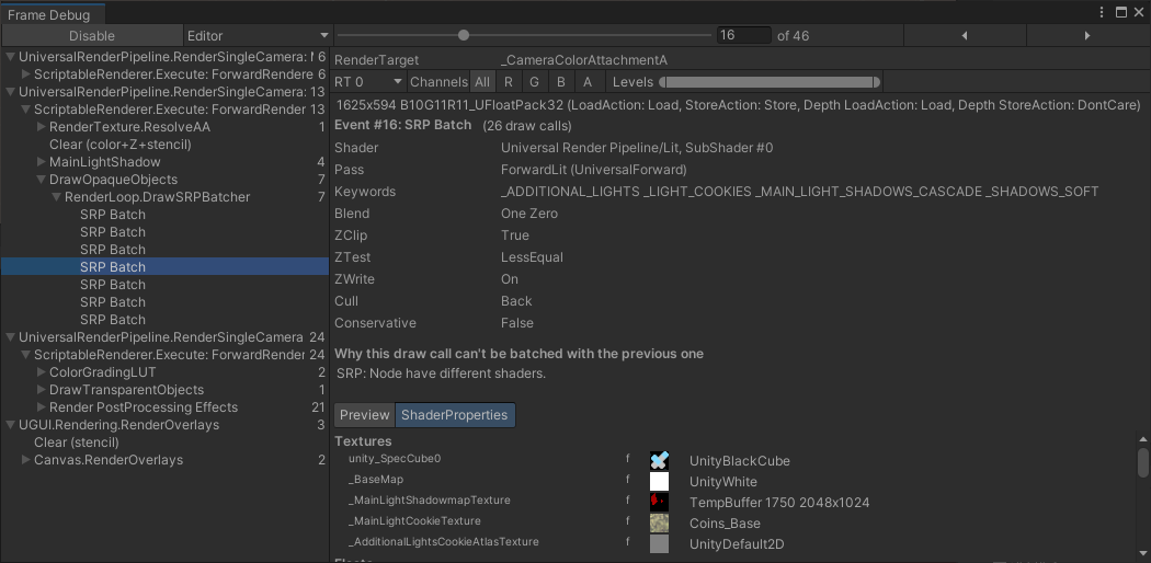 В окне Frame Debugger можно найти сведения об отдельных пакетах SRP, в том числе о том, почему пакетировщик SRP создал новый пакет SRP вместо продолжения существующего.